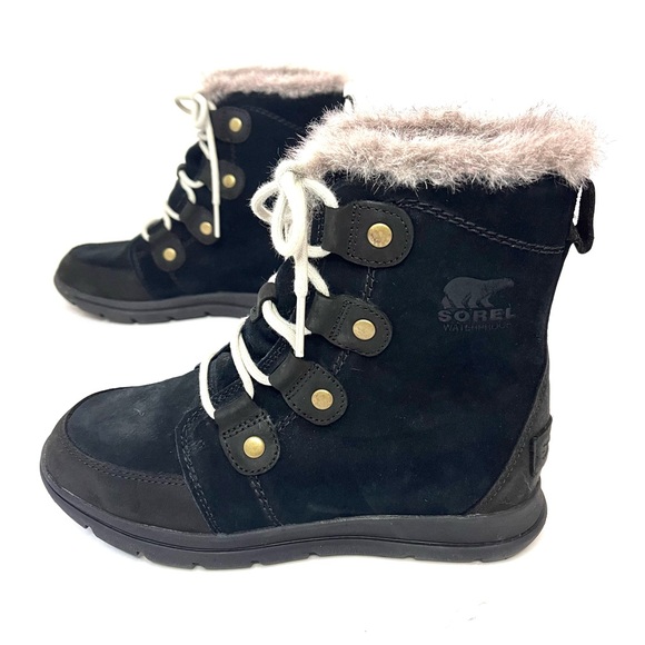 Sorel Explorer Black Suede/Leather and Faux Fur Boots - Sz 7.5 - Picture 2 of 11
